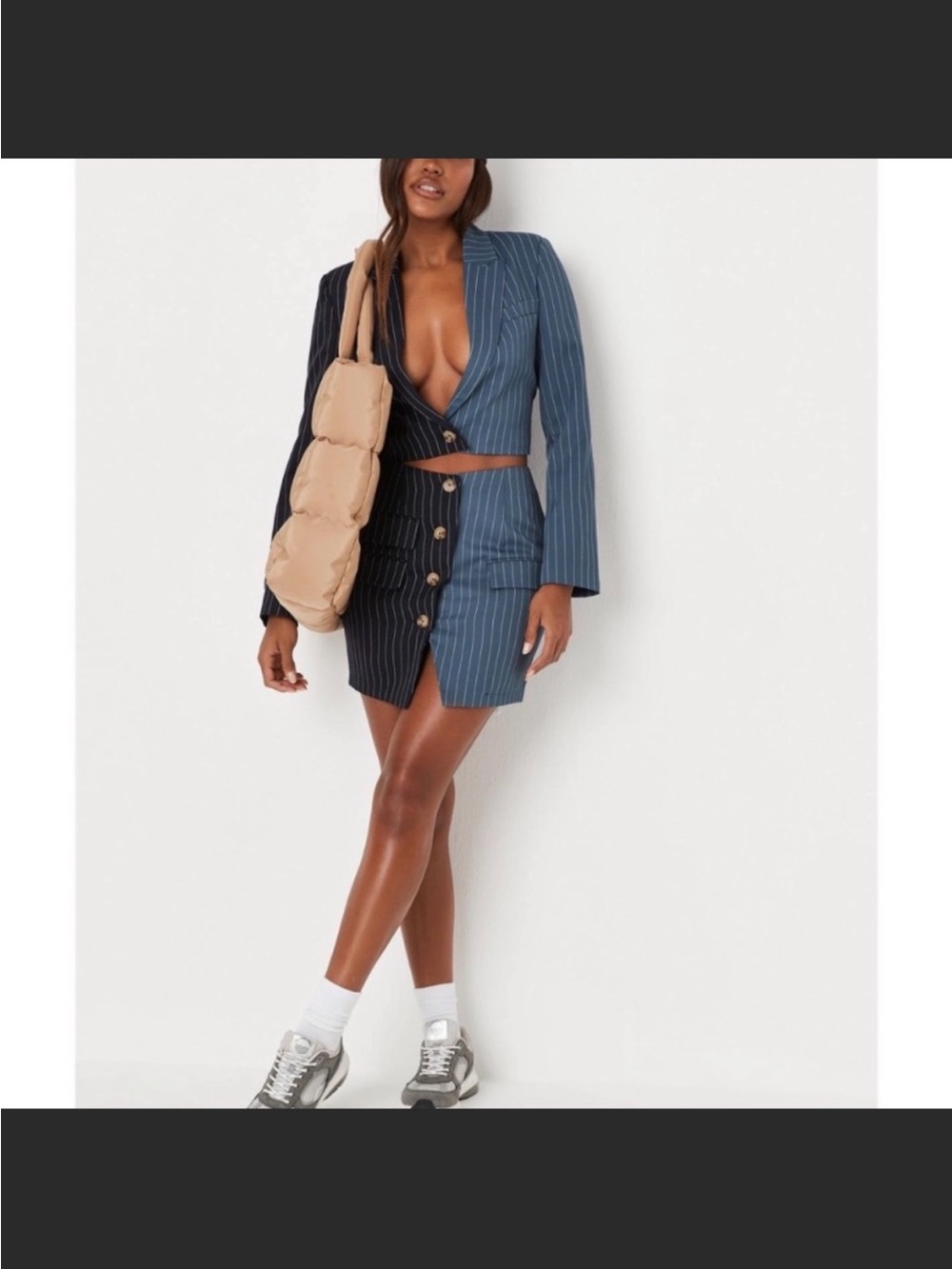 Two-Tone Pinstripe Split Mini Skirt Set - Navy & Dark Blue